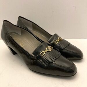 Bruno Magli Kiltie‎ Pumps Women's 9 Black Leather Tassel Italy Mid Heel Logo